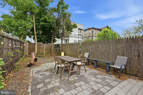 a backyard of a house with table and chairs