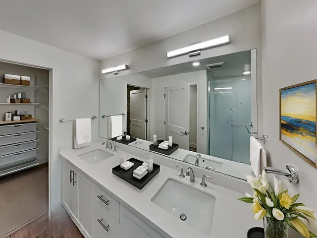 a bathroom with a sink double vanity and a mirror