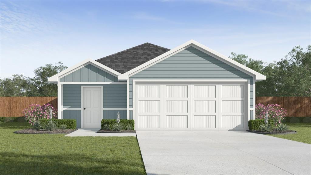 3530 Spring Time Street Forney, TX 75126 - Photo 1 of 1 Contemporary exterior featuring light blue siding, a dark shingle roof, and a two-car garage with a white panel door