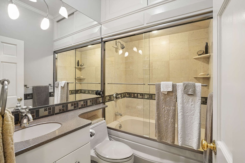 6 Columbus Square, Unit 3 Boston, MA 02116 - Photo 9 of 16 a bathroom with a granite countertop tub sink a mirror and a shower