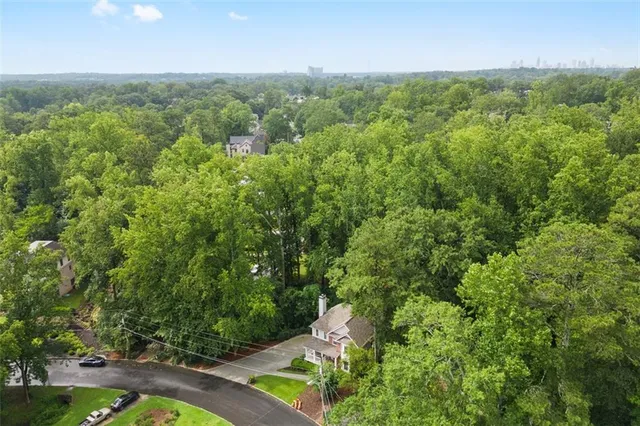 an aerial view of residential houses with outdoor space and trees