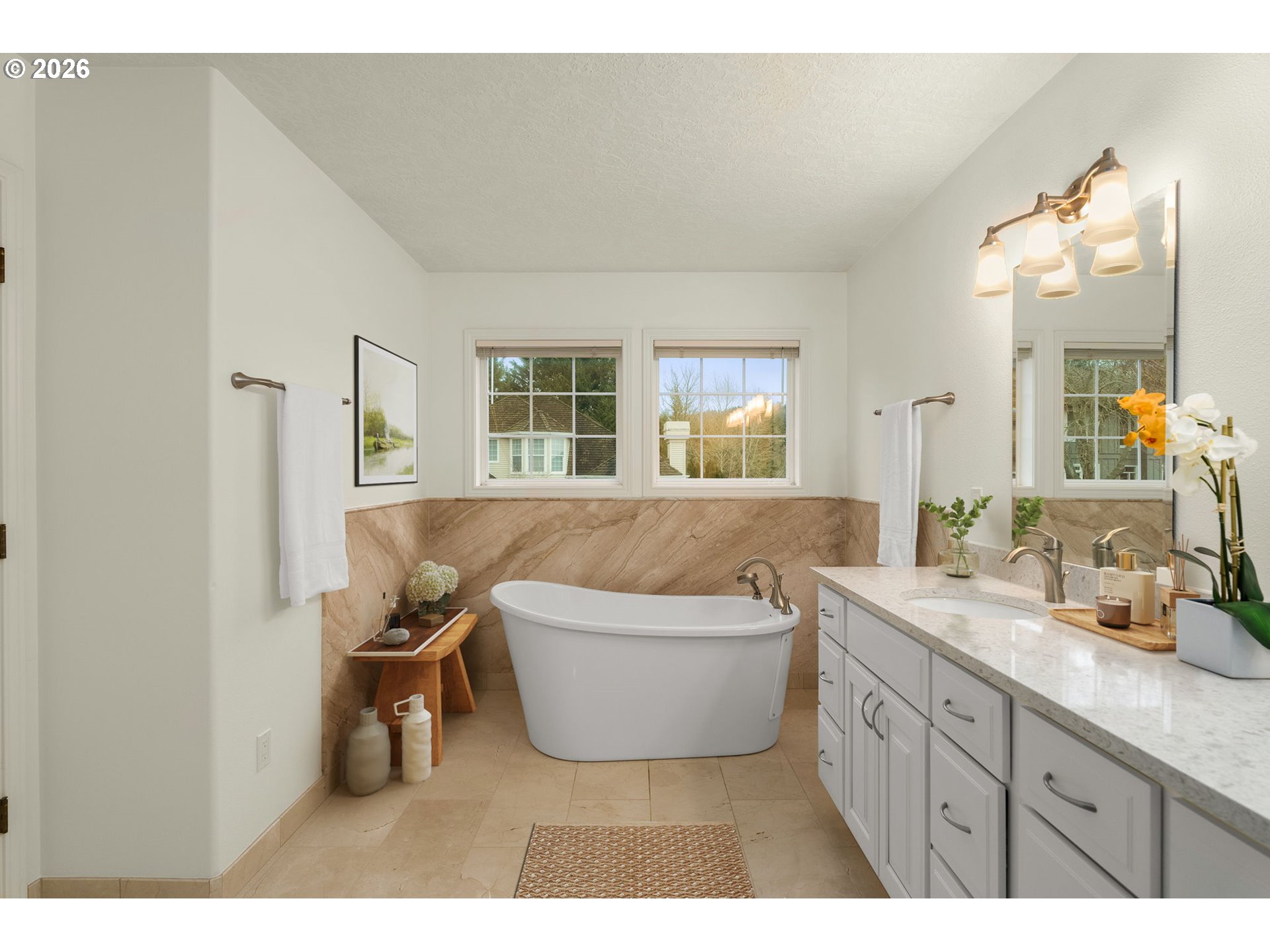 1323 Northwest Mayfield Road Portland, OR 97229 - Photo 19 of 32 a bathroom with a tub a sink and a mirror