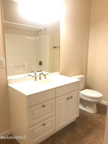 a bathroom with a sink a toilet and mirror