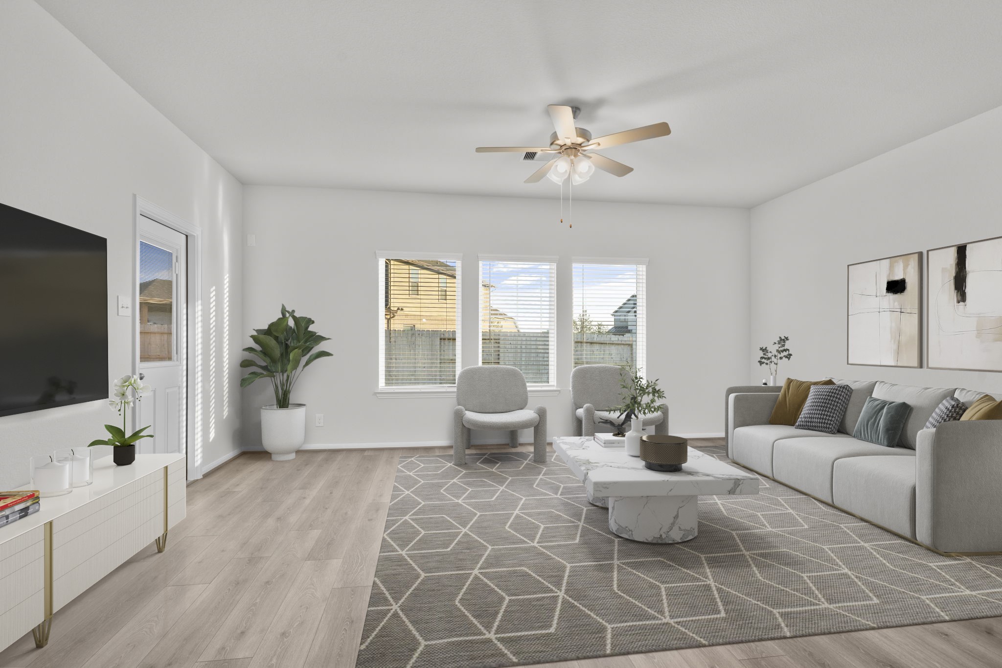 22223 Rome Breeze Drive Hockley, TX 77447 - Photo 6 of 46 This virtually staged family room showcases the open-concept layout and abundant natural light that flows through large windows overlooking the backyard. It offers the perfect setting for both relaxing evenings and lively gatherings with loved ones. Notice all the upgraded tile floors that look like wood, gorgeous!