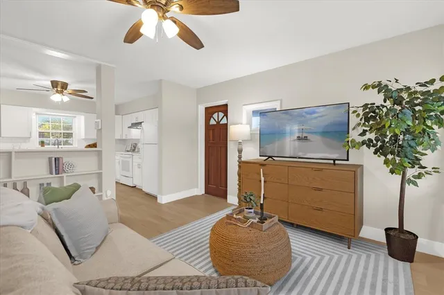 a living room with furniture a potted plant and a fireplace