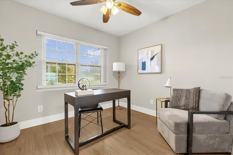 a living room with furniture and a potted plant