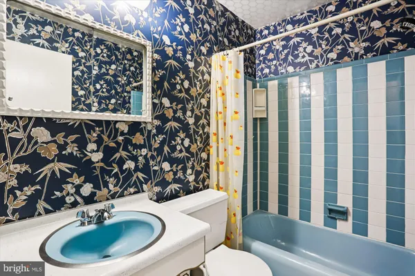 a bathroom with a sink a toilet and shower curtain