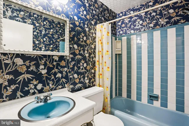 a bathroom with a sink a toilet and shower curtain