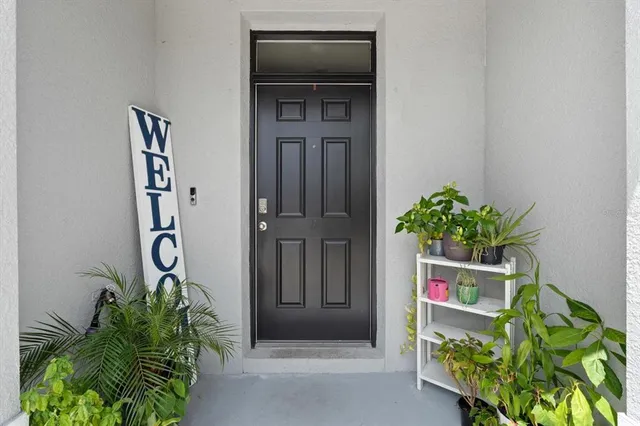 a front view of a house with a potted plant
