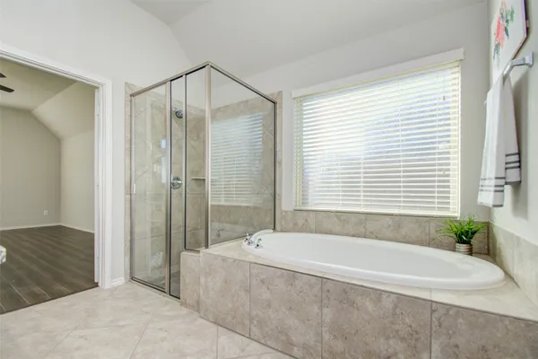 a bathroom with a granite countertop bathtub shower sink and mirror