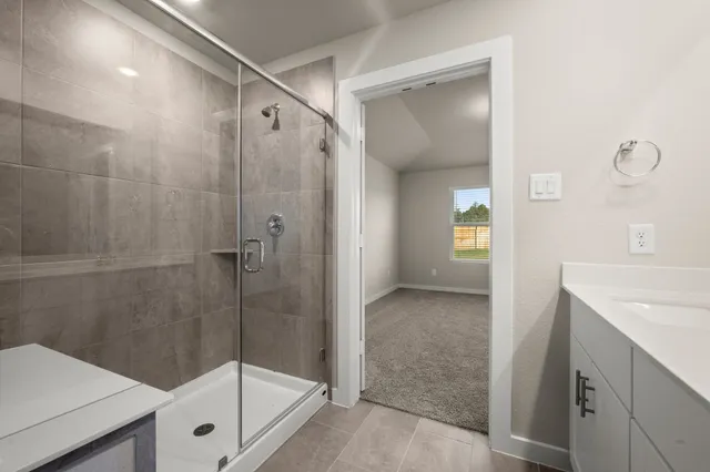 a bathroom with a shower and a sink