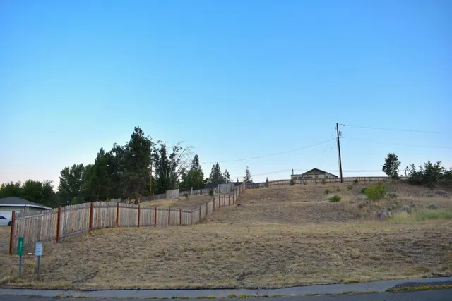 a view of a dry yard with wooden fence