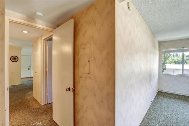 a view of a porch with a large window