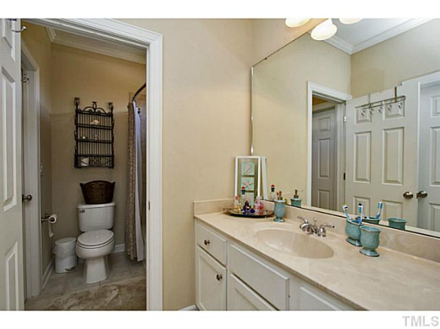 10001 Hidden Vale Drive Raleigh, NC 27614 - Photo 22 of 24 a bathroom with a sink a toilet and a large mirror
