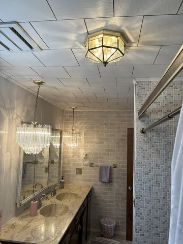 a bathroom with a sink a shower and a mirror