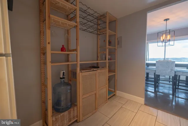 an entryway with a workspace