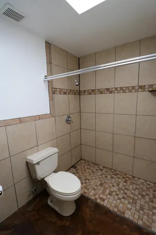 a bathroom with a toilet and a shower