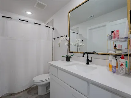 a bathroom with a sink a toilet and shower