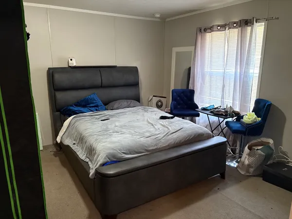 a bedroom with a bed a mirror and a large window