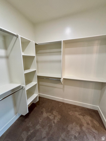 1184 West 3250 North Ogden, UT 84414 - Photo 37 of 69 master walk-in closet featuring built-in white shelving, hanging rods, recessed lighting, a paneled door with a black knob, and carpet flooring