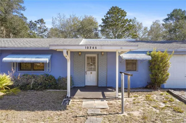 a view of a house with a yard and potted plants