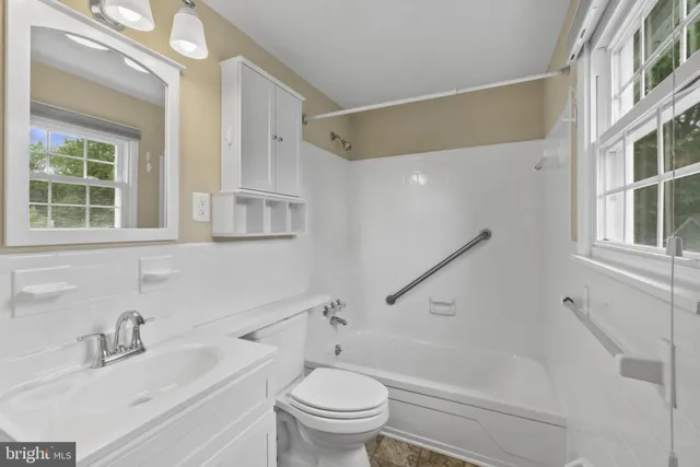 a bathroom with a sink a toilet and a large mirror