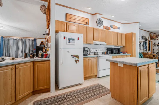a view of a wooden house with a large tree