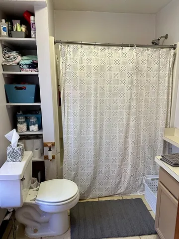 a bathroom with a sink toilet and shower curtain