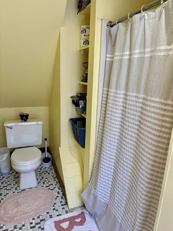 a bathroom with a toilet and a shower