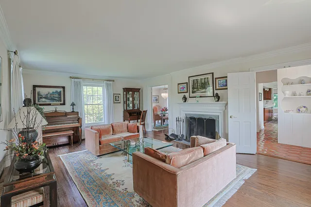 a living room with furniture and a fireplace