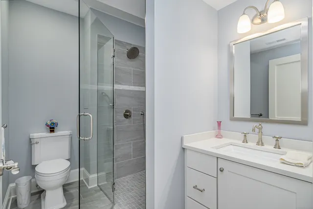 a bathroom with a toilet a sink a mirror and shower