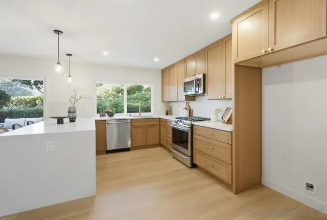 a kitchen with a sink cabinets stainless steel appliances and a window