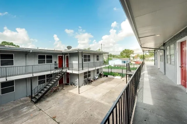 an outdoor view with patio