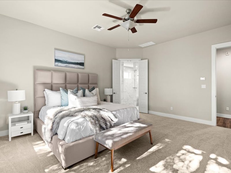 227 Bridge Water Loop Dripping Springs, TX 78620 - Photo 20 of 40 a spacious bedroom with a bed and a ceiling fan