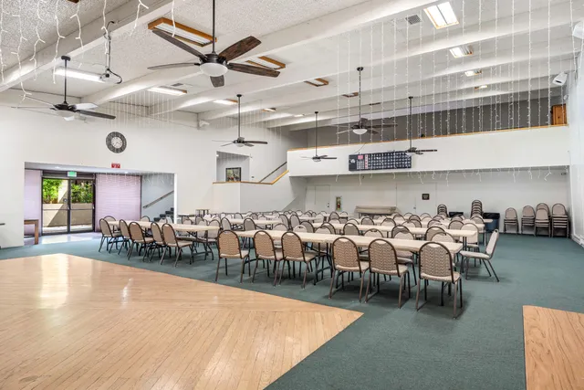 a view of swimming pool that has lawn chairs with plants and palm trees