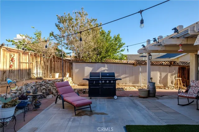 a view of a patio with table and chairs potted plants and a palm tree
