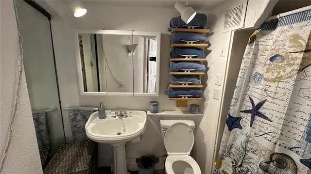 a bathroom with a sink toilet and shower