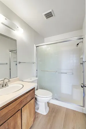 a bathroom with a sink a toilet a shower and a mirror