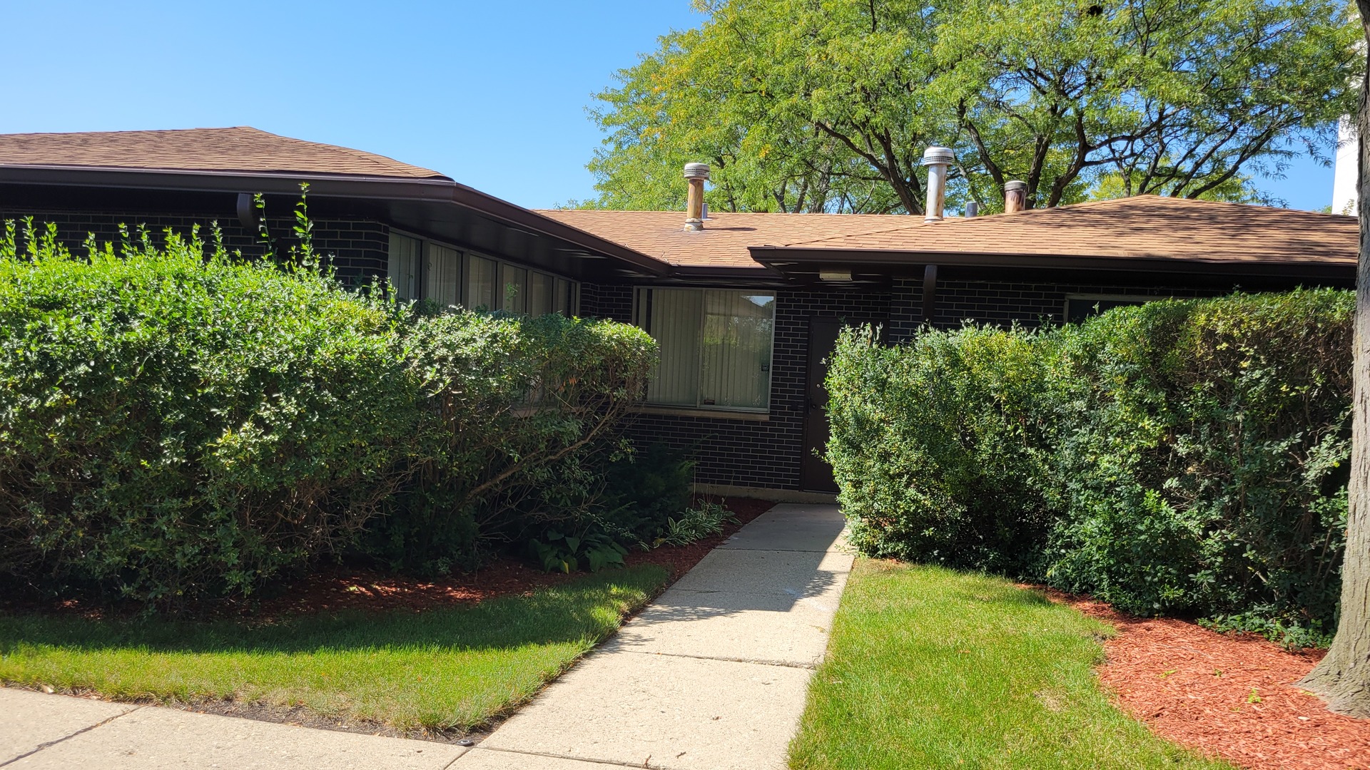 9001 West Golf Road, Unit 4B Des Plaines, IL 60016 - Photo 20 of 21 a view of a backyard with plants and a bench under an umbrella