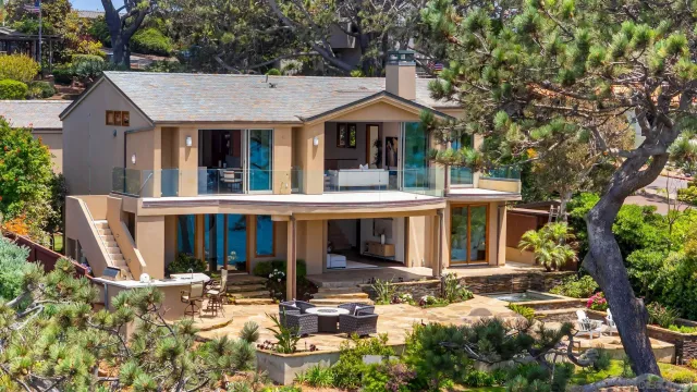 front view of a house with a patio