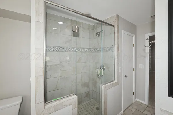 a bathroom with a shower and a toilet