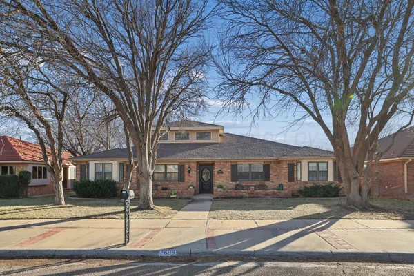 a view of a town with large tree