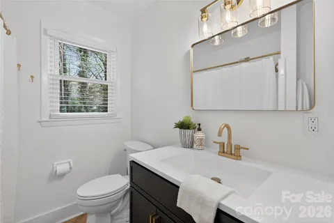 a bathroom with a sink a toilet and mirror