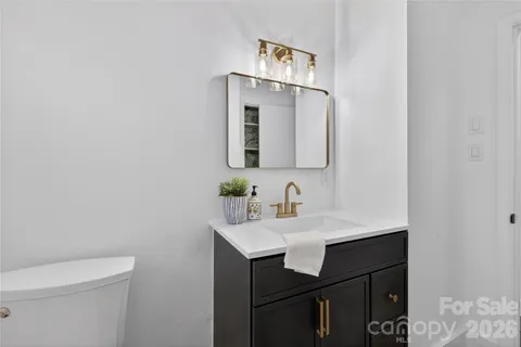 a bathroom with a sink vanity and a toilet