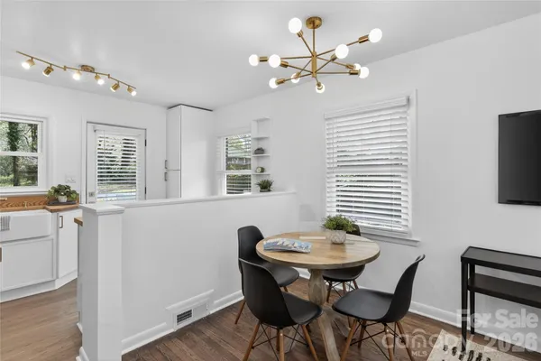 a view of a dining room with furniture window and wooden floor