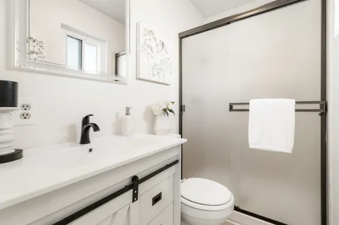 a bathroom with a sink a mirror and a toilet