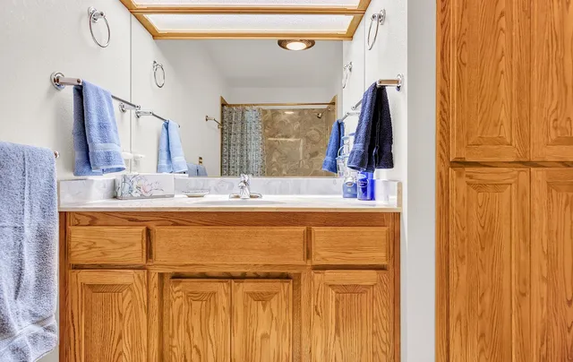 a bathroom with a sink and a mirror