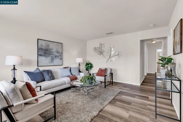 a living room with furniture and a potted plant