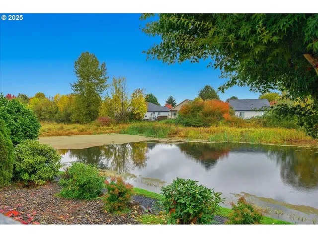 a view of a lake with a yard
