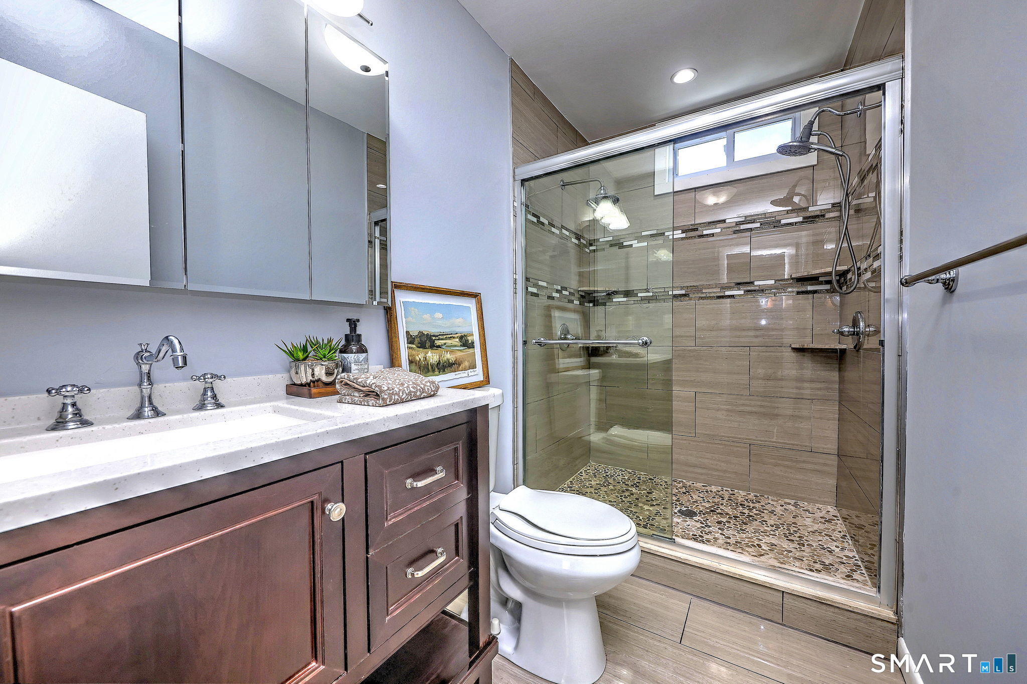 40 Yale Street Stratford, CT 06615 - Photo 16 of 31 a bathroom with a granite countertop sink a toilet and shower